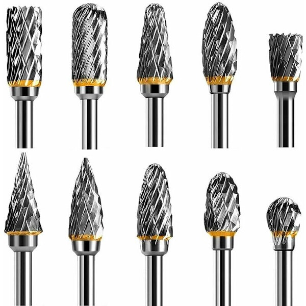 Pyörivä hiomakärkisetti, volframikarbidi, kaksoisteräinen, 10 kpl, 1/8” varsi, pyörivää työkalua varten, DIY, puunveisto, metallin kiillotus, kaiverrus