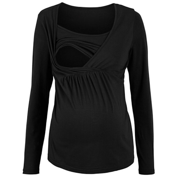 Kvinnors Graviditet Långärmad Amning T-shirts T-shirt Låg Hals Casual Gravid Amning Graviditetstoppar Svart S