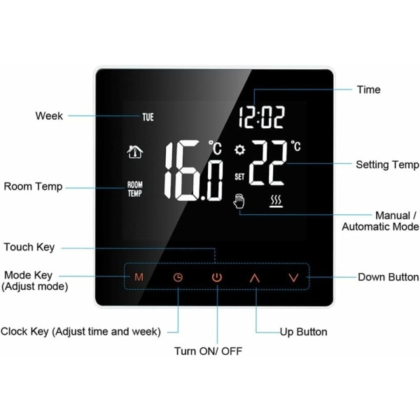16A digitaalinen termostaatti, LCD-näyttö, kosketusnäyttö, ohjelmoitava, kotiin, kouluun, toimistoon, hotelliin, valkoinen