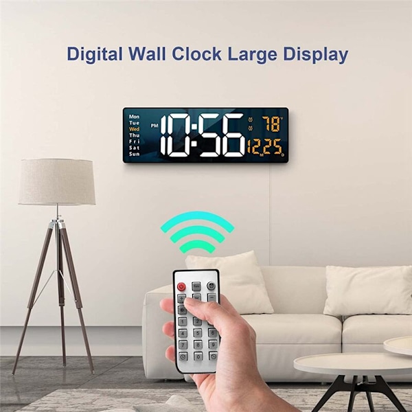 13 Tums Stor LED-Skärm Digital Väggklocka Bord Fjärrkontroll Väckarklocka Datum Vecka Timer Automatisk Dimmer Klocka-B