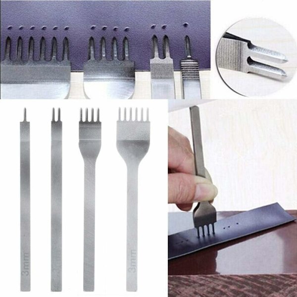 4 stk. 3mm Læderværktøjsæt, Hulstans DIY Læderhåndværk Klo Punch Hul Syning Diamant Snøring 1+2+4+6 Tands Snøring Perforer Syværktøjer