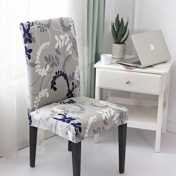 Stoltrekk Slipcover Stoltrekk Vaskbar Mykhet for 4 stk Elastisk Installasjon Stolbeskytter (Grå/Bladmønster, 4 stk)