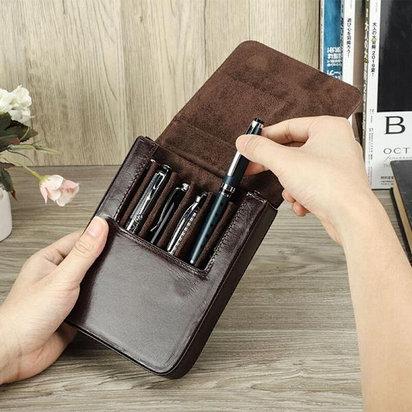 Håndlavet penneholder Fountain Pen Etui Læder Pen Pung Retro Pen Box Organizer til mænd kvinder drenge piger, sort