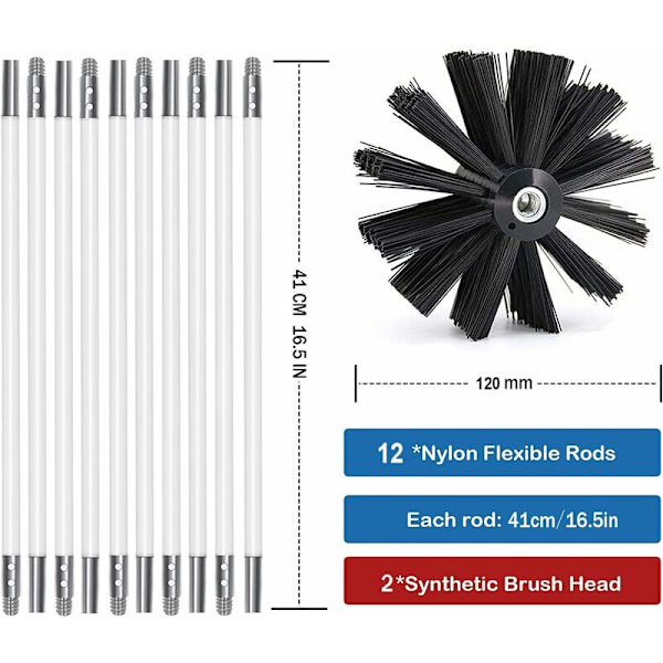 Pipe-rensesett for pipe, diameter 120 mm, Pipe-rensesett for pipe inkludert 9 fleksible stenger på 410 mm og 2 børstehoder på 120 mm