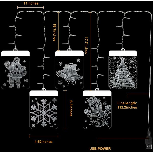 Hengende 3D Juletrelys, 5 i 1 Juledekorasjonslys Gardin Juledekorasjonslys Vindu med Kroker for Innendørs Utendørs Fest Ferie