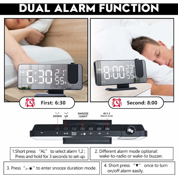 Projektionsväckarklocka för sovrum, radioväckarklocka med projektion på taket, dubbla alarm, USB-laddningsport, temperatur- och fuktighetsvisning