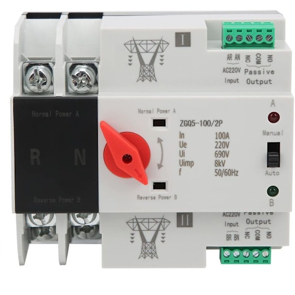 Automatisk källa byte, 2-vägs obrytbart dubbelt ström automatisk överföringsbrytare ZGQ5-100/2P 220V DIN-skena installation