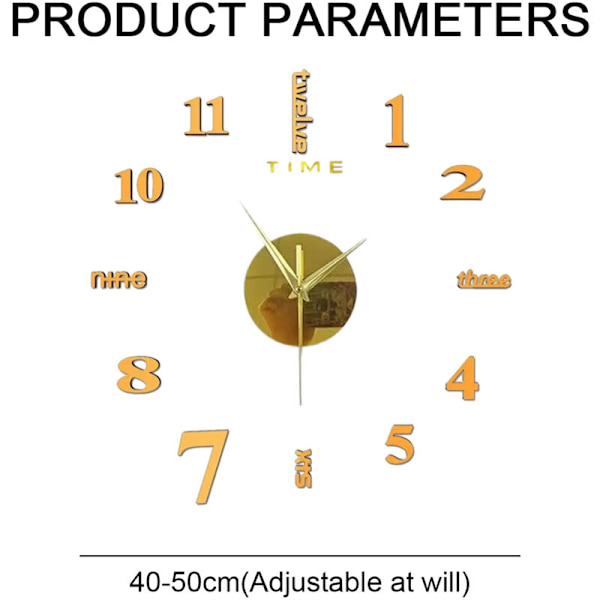 DIY Vægur, Rammeløs 3D Vægur, Moderne Design Dekorationssticker, DIY Vægur Sæt til Soveværelse, Stue, Hjemmedekoration, Justerbar