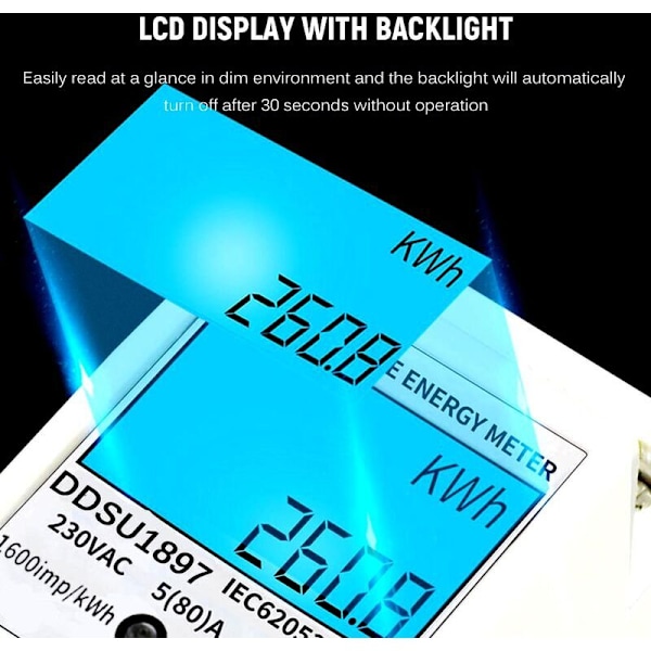 Digitalt strømforbruksmåler En-fase DIN-skinne Strømforbruksmåler En-fase To-ledninger Multifunksjons Strømforbruksmåler, med bakgrunnsbelysning, Hvit