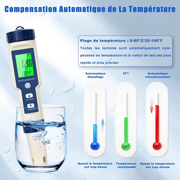 pH-Meter 5 i 1 med Salinitet, Temperatur, TDS, EC - Multifunktionel Tester med Høj Præcision, Vandafvisende, Automatisk Temperaturkompensation og Selvkalibrering