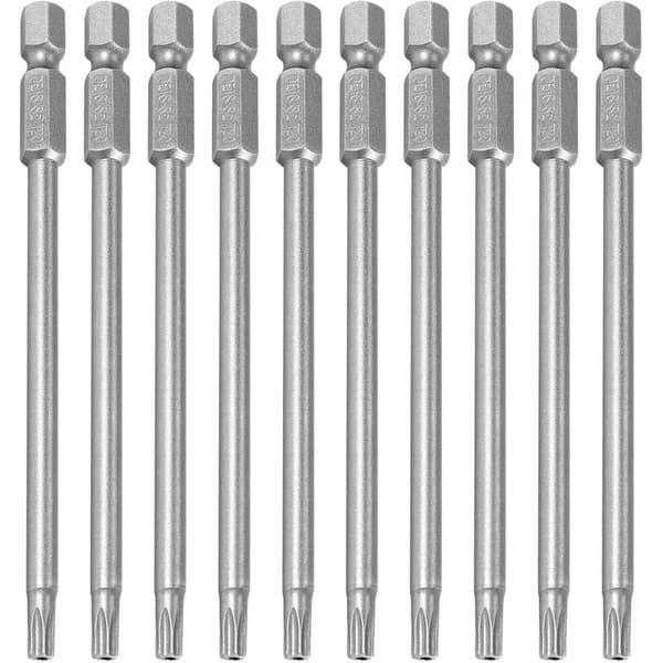10 stk. Torx T20 Hex Shank Sikkerhedsskruetrækker Bits, Længde 100mm, Sølvgrå