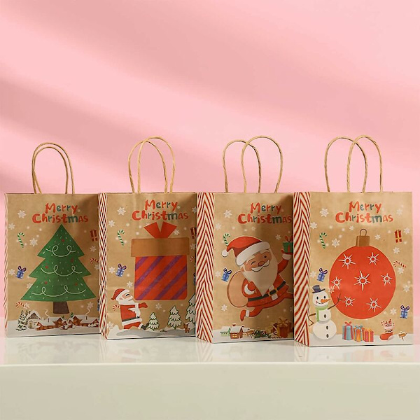 Kraft julegaveposer 24 assorterte stilposer Julegaveposer i papir med håndtak Julegaveposer med juletrykk for innpakning av gaver Chri