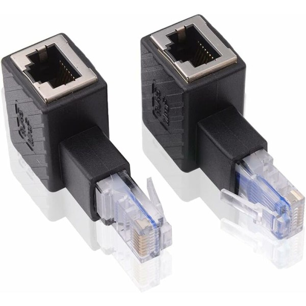 2 st 90 graders Ethernet-adapter, höger + vänster vinkel, RJ45-kontakt till uttag, adapter, skärmad, nätverksanslutning, kompatibel med Cat5 Cat6