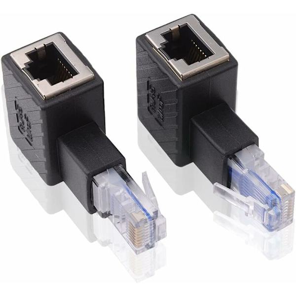 2 stk. 90 graders Ethernet-adapter, højre + venstre vinkel, RJ45-stik til sokkel, adapter, afskærmet, netværksforbindelse, kompatibel med Cat5 Cat6