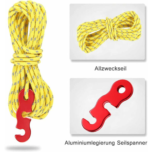 4 stk. reflekterende reb med rebstrammere, 13 fod/4 meter teltledning, Φ3mm rivefast campingledning (gul)