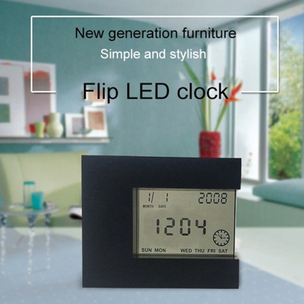 Modern elektronisk sovrumsklocka LCD digital väckarklocka med kalender, temperatur och hemtimer svart