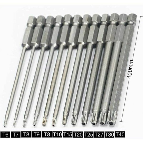 11 pitkän Torx-kärjen sarja ruuvimeisseleille ja sähköruuvimeisseleille - Magneettiset kärjet - 1/4 kuusiokolovarsi - Koot T6 - T40 - Pituus 100 mm