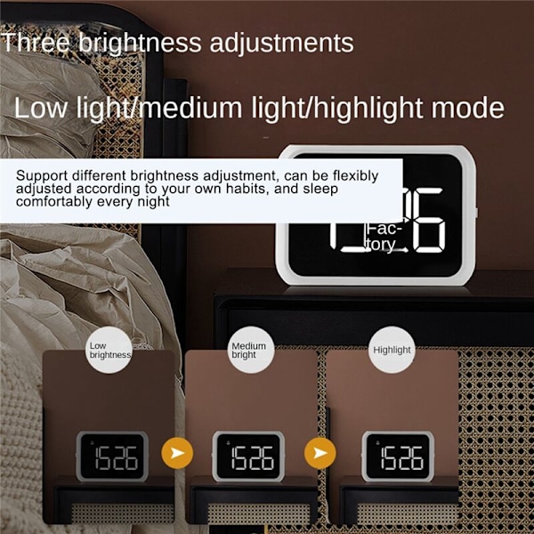 Digital väckarklocka för sovrum, tre-ljusstyrka dimmer, temperatur, snooze, justerbar larmvolym, sängklockor, svart