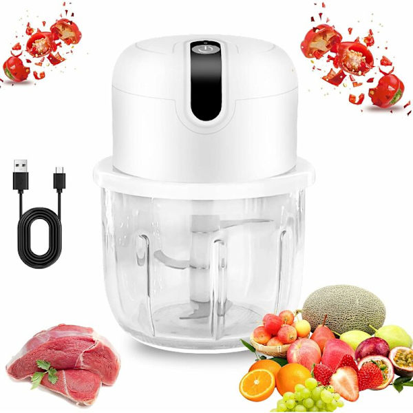Elektrisk kjøkkenhakker Mini løkhakker med USB-port Løkhakker 250ml Oppladbart batteri med rustfritt stålblad for hakking, kutting a