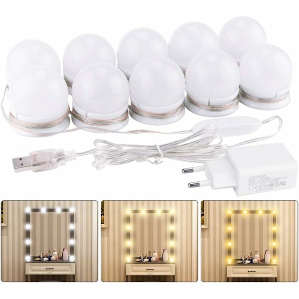 Speilbelysning, 10 pærer Hollywood Dimmbar LED Lyssett Lampe for Bad Kosmetikkspeil 3 Farger 10 Lysstyrkenivåer med Adapter (Speil Ikke Inkludert)