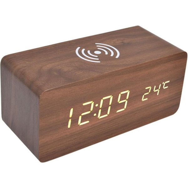 Trä Digital Väckarklocka, Radioväckarklockor 12/24 Timmar LED Elektronisk Klocka med Snabb Trådlös Laddningsstation, Automatisk Temperaturdetektering