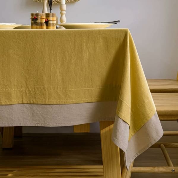 Gul bomuldslinned dug 56 x 70 tommer, rektangulær dug gul og beige patchwork dug