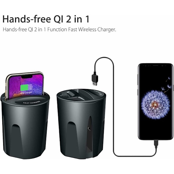 Trådløs Bil Lader Koppbærer, 2 i 1 Qi Rask Trådløs Bil Lader med USB Port Telefonholder Stativ Lading Holder for iPhone Samsung