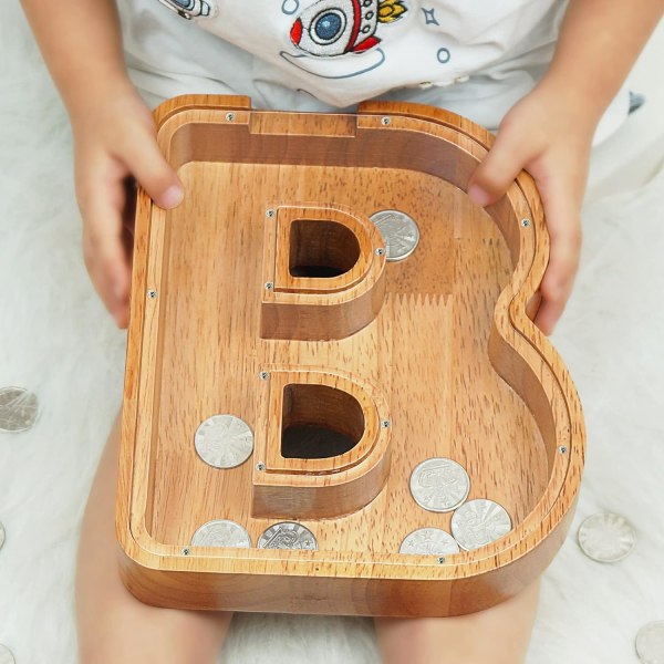 Lasten puinen aakkosellinen säästöpossu, jossa ontto design, aakkosellinen kolikkosäästöpossu (B)