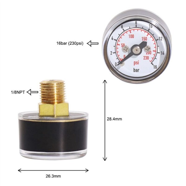 2X Scuba Diving PCP Luft Mini Tryk Måler 16Bar, 1/8 NPT Gevind