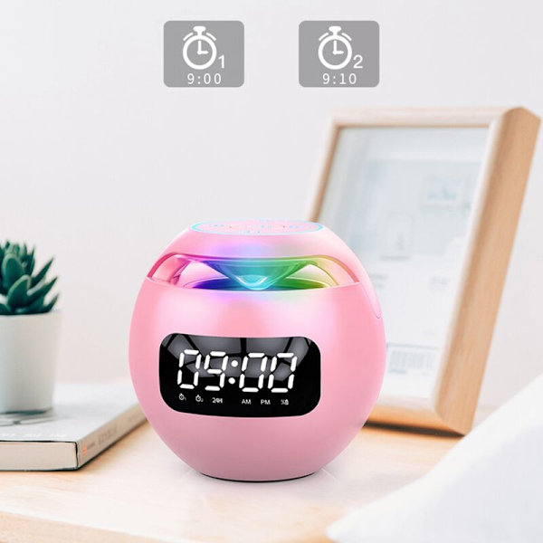Trådløs Bluetooth-høyttaler lydboks klokke alarmklokke farge nattlys med mikrofonadapter USB 5.0 versjon klokke rosa