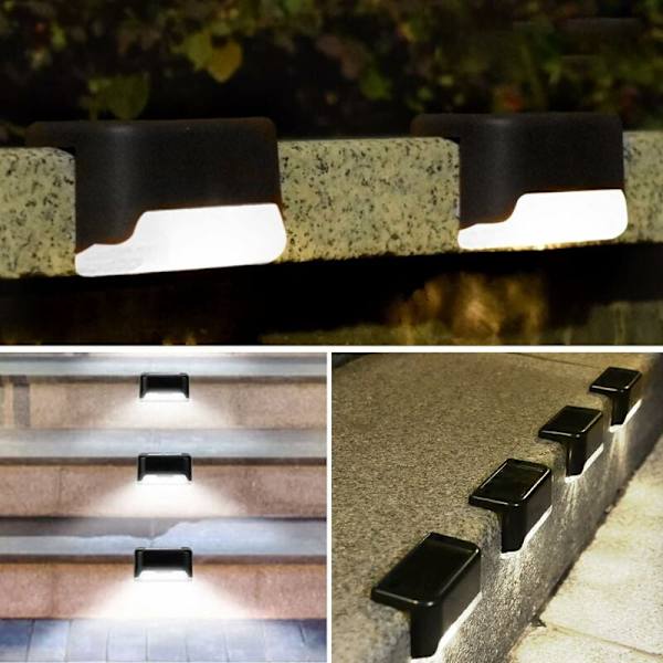 Vattentäta Solcellsstaketlampor, Solcellsbelysning för Däck, Trappbelysning, IP65 LED Solcellslampor för Trädgård, Patio, Staket (Varmvit - Svart, 12 st)