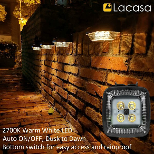 Lacasa 4-pakks solcelled LED-utelys, IP65 vanntett 30LM høy lysstyrke automatisk på/av solcellevegglys for hage, gjerde, varm hvit 270