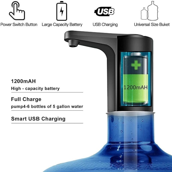 5 Gallon Dispenser - Pumpe for 5 Gallon Flaske, Automatisk Universell USB Oppladbar Pumpe