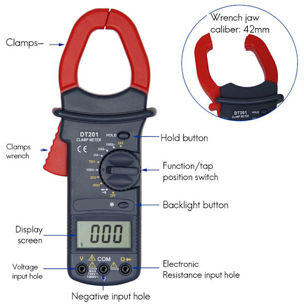 DT201 Digital Tångamperemeter Multimeter 1000A AC/DC Spänningstestare 1999 Räkningar Hz NCV Kapacitans Ohm Diod Test