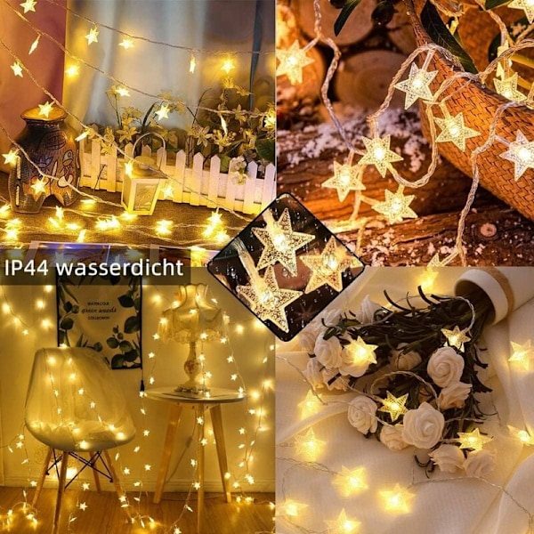 Julelys, 10m LED Stjernelys Gardin 70 LED Stjernelys Kjeder med 8 Moders Fjernkontroll IP44 Vanntett - Varmt Hvit