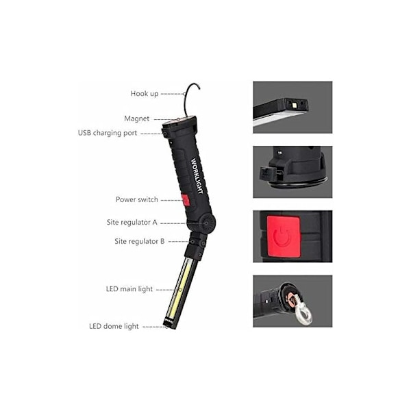 Genopladelig arbejdslampe værksted cob lommelygte lommelygte med magnetisk base 5 tilstande hvidt lys / rødt campinglys til garage, camping, nødsituation