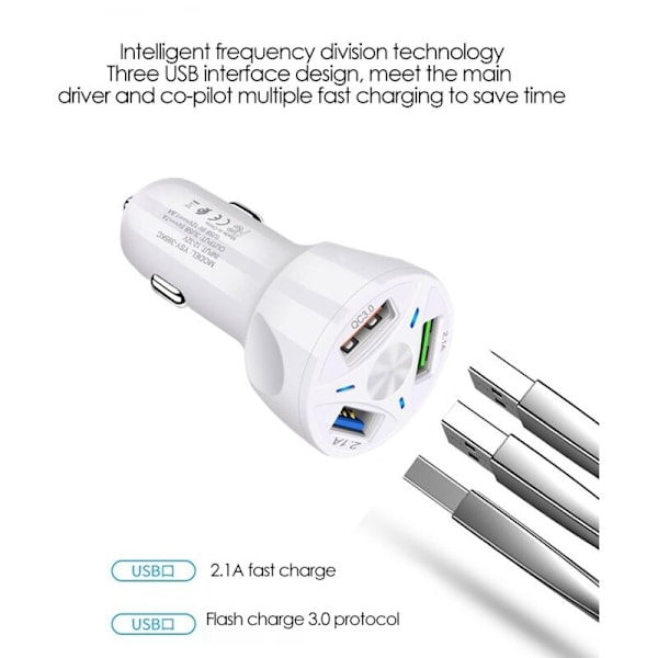 5V/7A Multi-Port QC3.0 3USB Laddningsbilsladdare En för Tre 36W-Vit