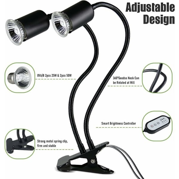 Dobbelthoved skildpadde varmelampe, 25W+50W krybdyr skildpadde lampe E27 UVA+UVB skildpadde lampe med 2 solpære og timer til skildpadder repti