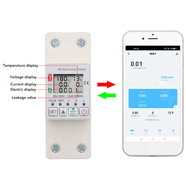WiFi Smart Strömmätare Brytare Tuya Energiförbrukningsskydd Multifunktionell Skydd Med Mätning AC85-300V 63A