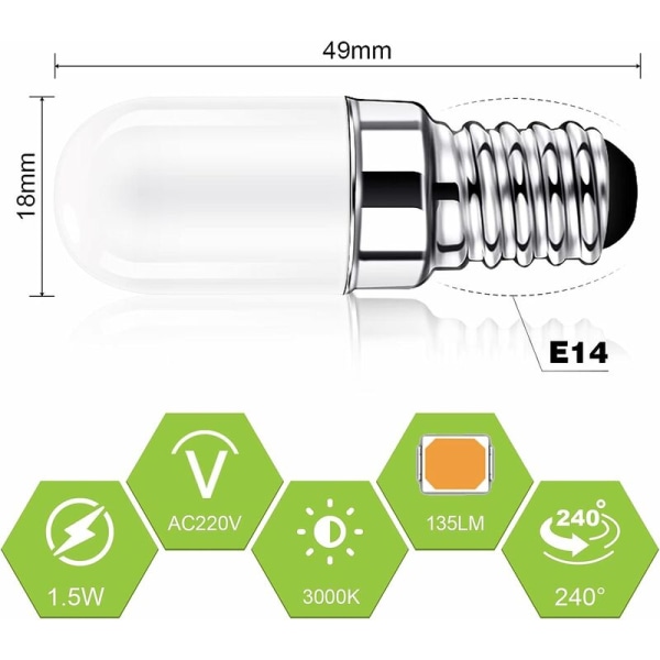 E14 LED-lamppu jääkaappiin, 1,5 W vastaa 15 W, lämmin valkoinen 3000 K, lamppu jääkaappiin, suolalamppuun, ompelukoneeseen, himmennettävä, 2 kpl