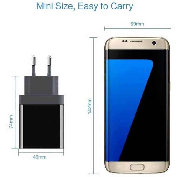 LED Digital Display Sort 3 Port 2.4A 5V USB EU Stik til Telefonoplader Adapter Velegnet til: Store Smart Phone Mærker