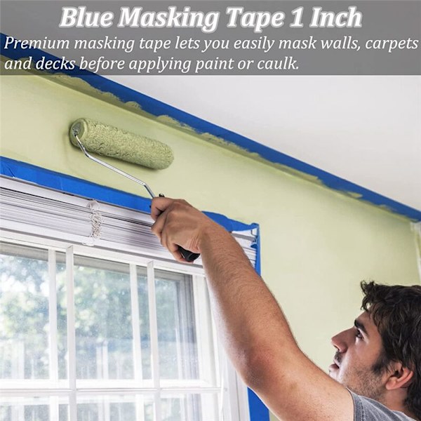 3 ruller malertape, blå, multi-overflade, medium klæbeevne, sikker vægmaling, kantfinish - 1 tomme x 22 yards
