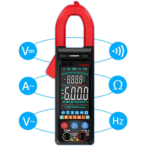 DC/AC Digitalt Tangamperemeter 6000 Tællinger 400A Amp Multimeter Stort Farvedisplay Spændingstester FS8330Pro Sort