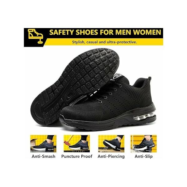 Säkerhetsskor Herr Dam Lätta Säkerhetssneakers Andningsbara Bekväma Arbetsskor med Ståltåhätta, Svart Botten Storlek 43