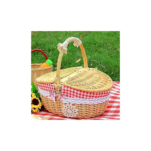 Flettet Picnic Kurv med Låg - Landlig Stil med Rød og Hvid Ternet Bomuldsfor - Præsentation Kurv til Picnic og Fester