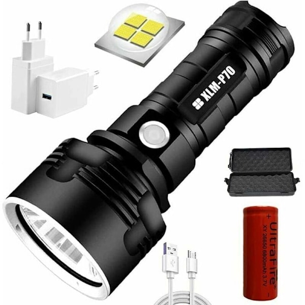 P70 ficklampa, 3000 lumen hög effekt LED ultra ljus vattentät ficklampa, Mest kraftfull XLM-P70 50W ficklampa med 3 lägen (Enkelbatteri, 50