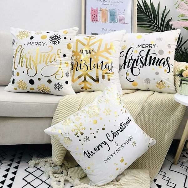 Jul kuddfodral, set om 4 guld snöflinga bomull dekorativt örngott 45 x 45 cm