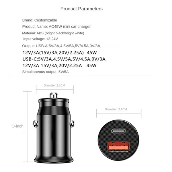 Mini USB-billaddare USB C-billaddare 4.0 45W 5A Typ PD-billaddare för telefon (Blank svart)