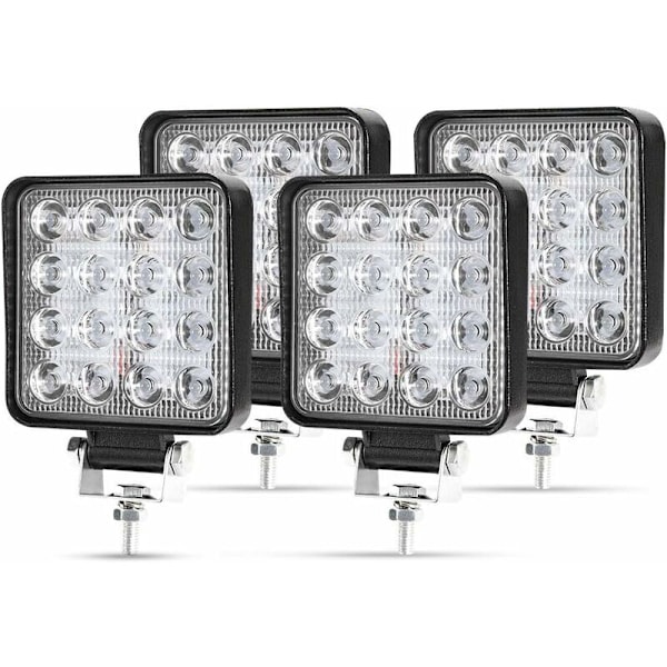 4 x 48W LED arbeidslys, firkantet spotlight 12V 24V lang rekkevidde LED-frontlys IP67 spot flom baklys for bil lastebil traktor SUV båt (4 stk)