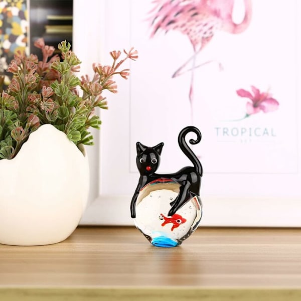 Glasskulptur med katt og gullfisk - Papirvekt - Kattkrystallstatuett - Håndlaget - Dyrefigurer - Dekorative glasspynt - Stue